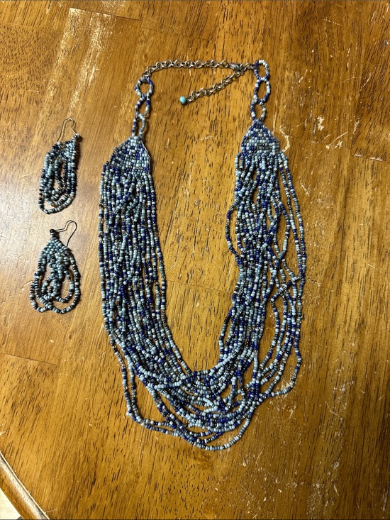 Jewelry - Beaded Multi-Strand Blue Statement Necklace with Matching Earrings